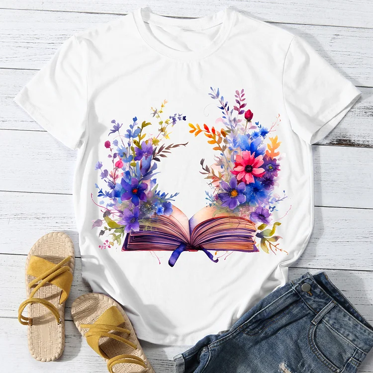 Flowers With Book Women's Round Neck T-Shirt -BSTC1622