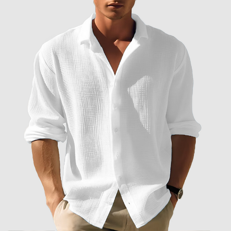 Men's  casual lapel solid color long sleeve button top