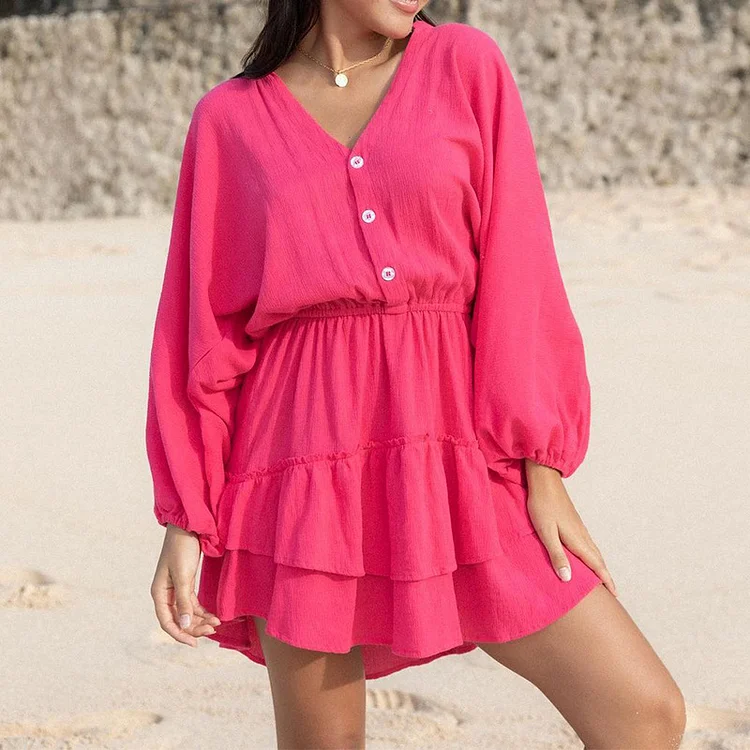 Women's Holiday Dress V-Neck Bat Sleeves Mini Cotten Linen Dress