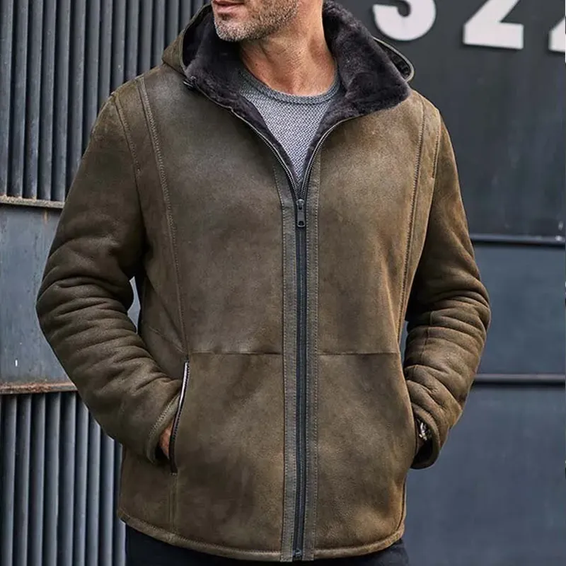 Men's Sheepskin Shearling Jacket Removable Hooded Fur Coat Oversize Casual Overcoat Short Leather Outwear-INSPIREUSE