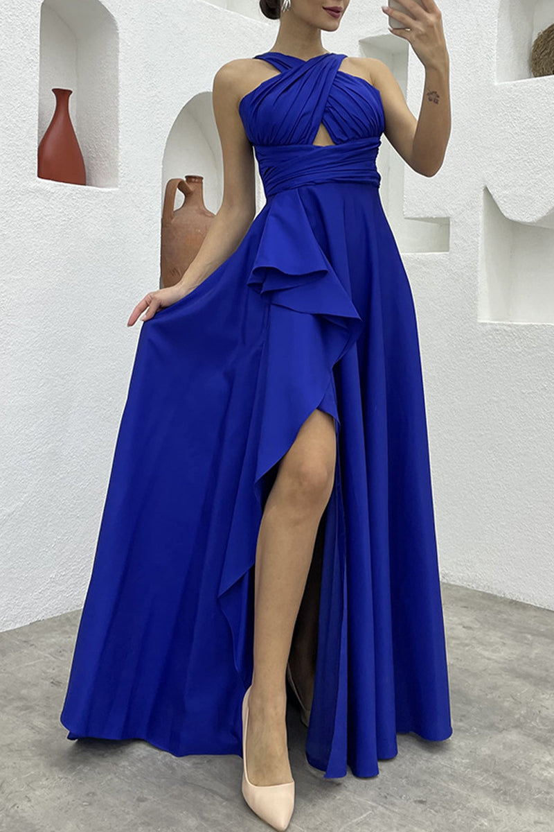 Elegant Solid Slit Asymmetrical O Neck Irregular Dress Dresses