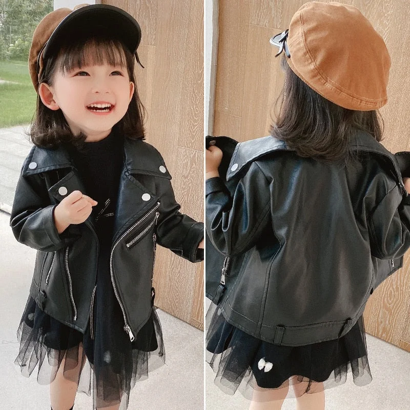 2021 Baby Girls Faux Leather Jacket Zipper Fly Coat For Girls Solid Color Childrens' Jacket Spring Autumn Kids Clothes Girl