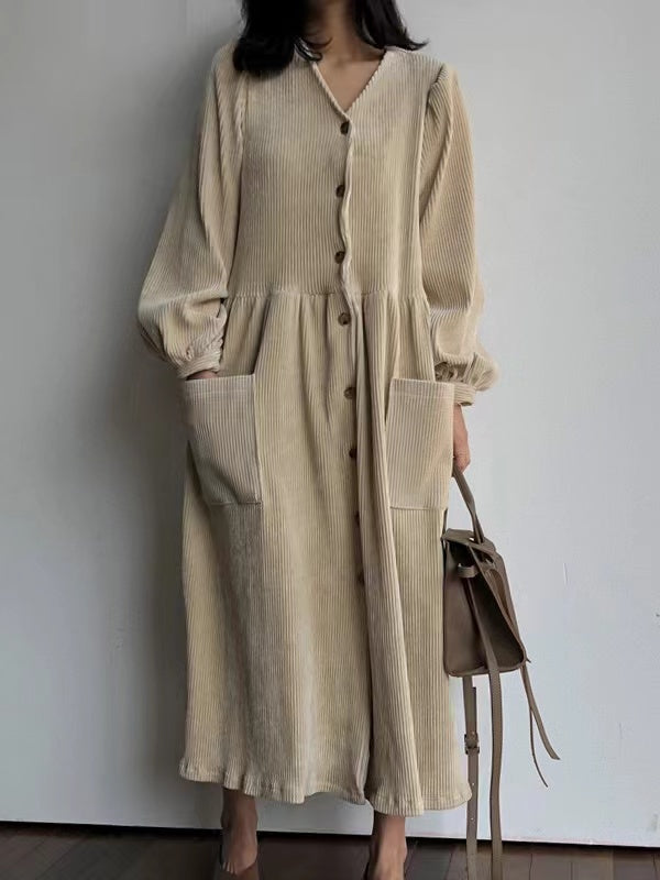 Vintage V-Neck Corduroy Large Pocket Dress