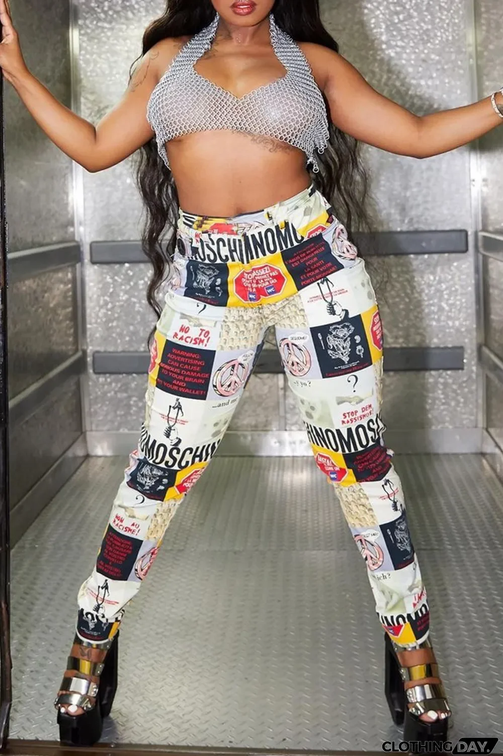 White Casual Print Split Joint Skinny High Waist Pencil Full Print Bottoms