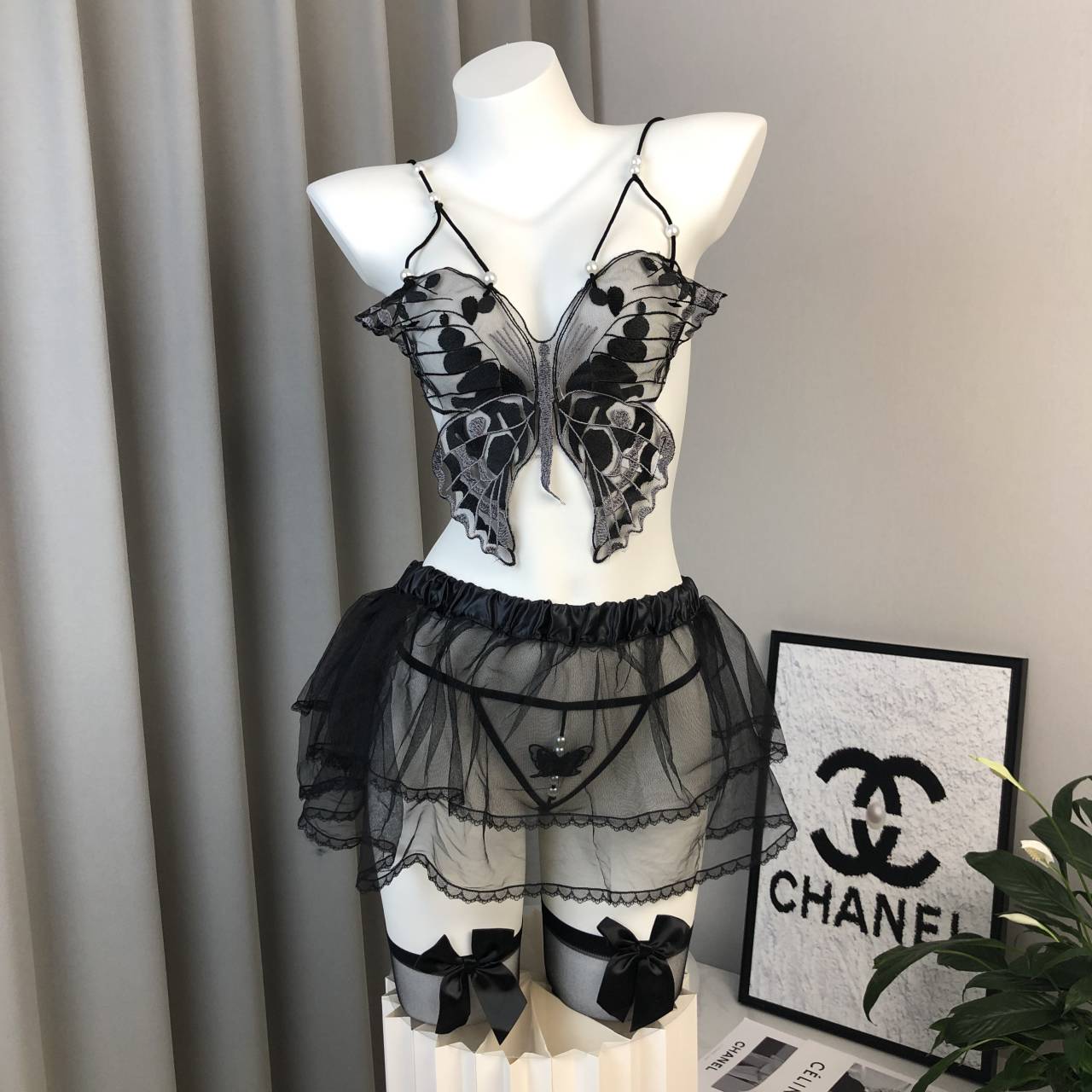 Lovingerie - Butterfly Pearl Sheer Lingerie Set with Tutu Skirt