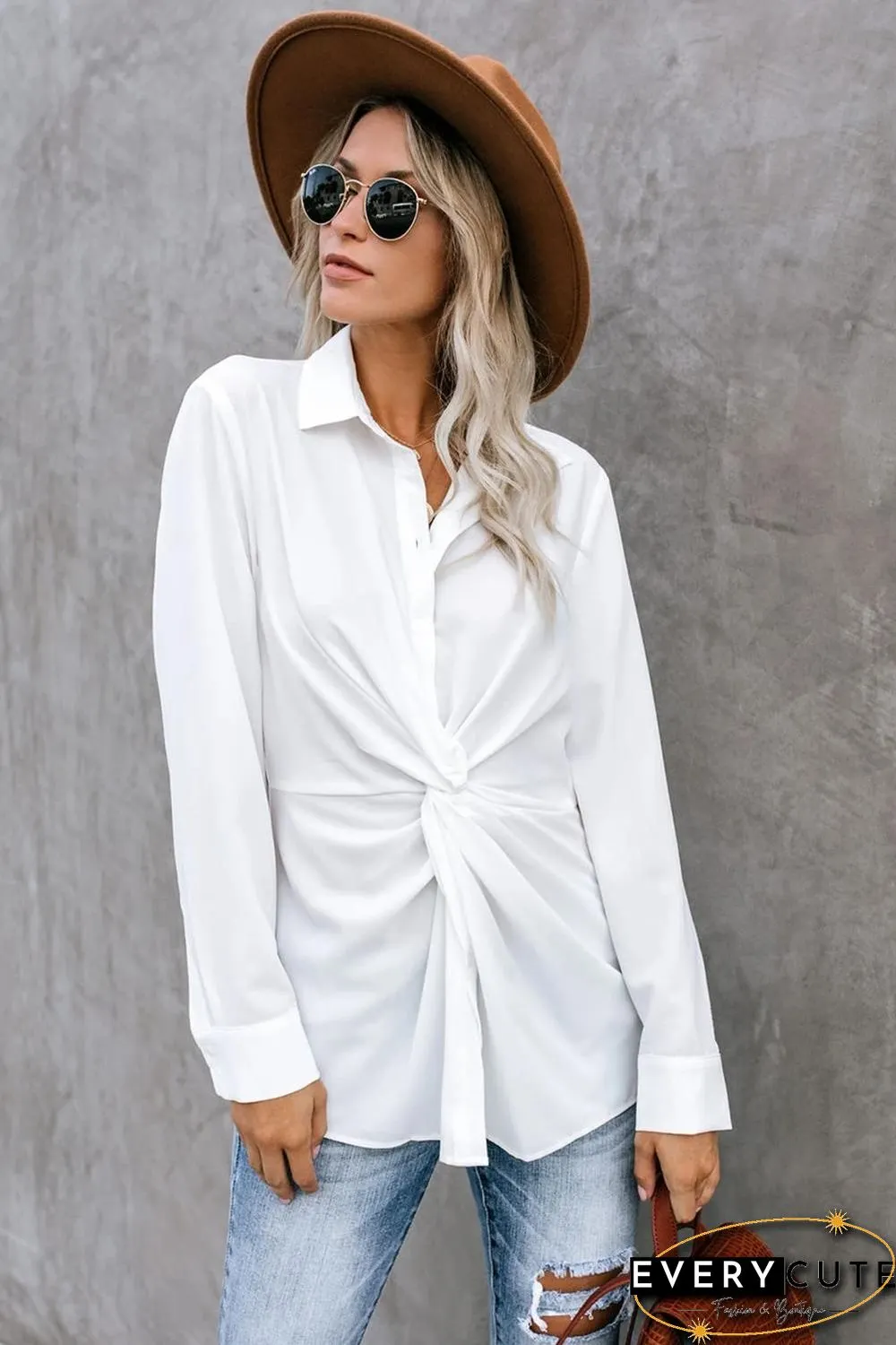 White Button Down Twist Blouse