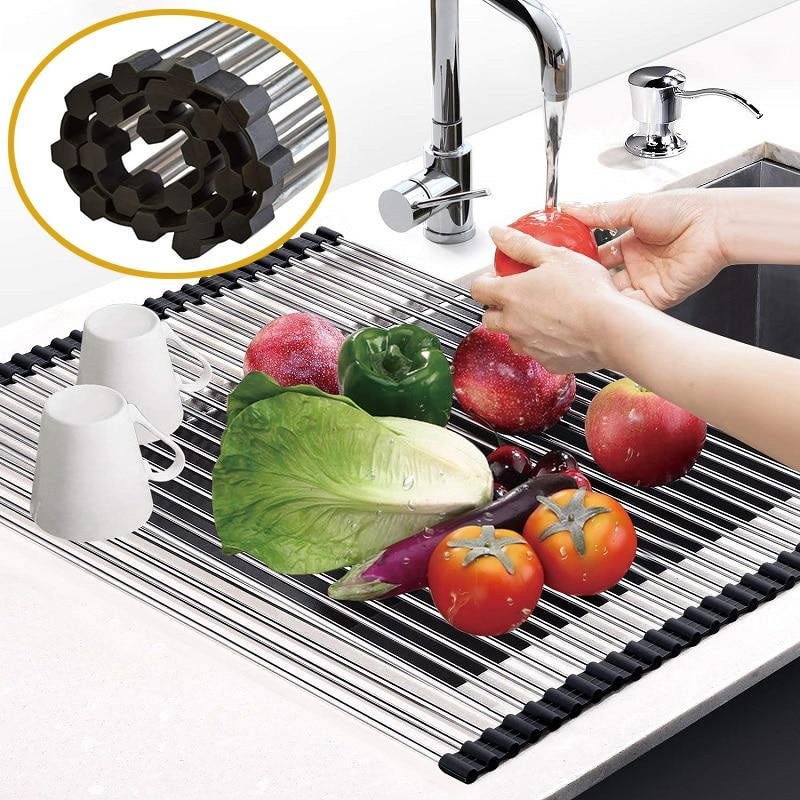 Foldable Dish Drying Rack Kitchen Silicone Roll Up Drainer Sink Stainless Steel