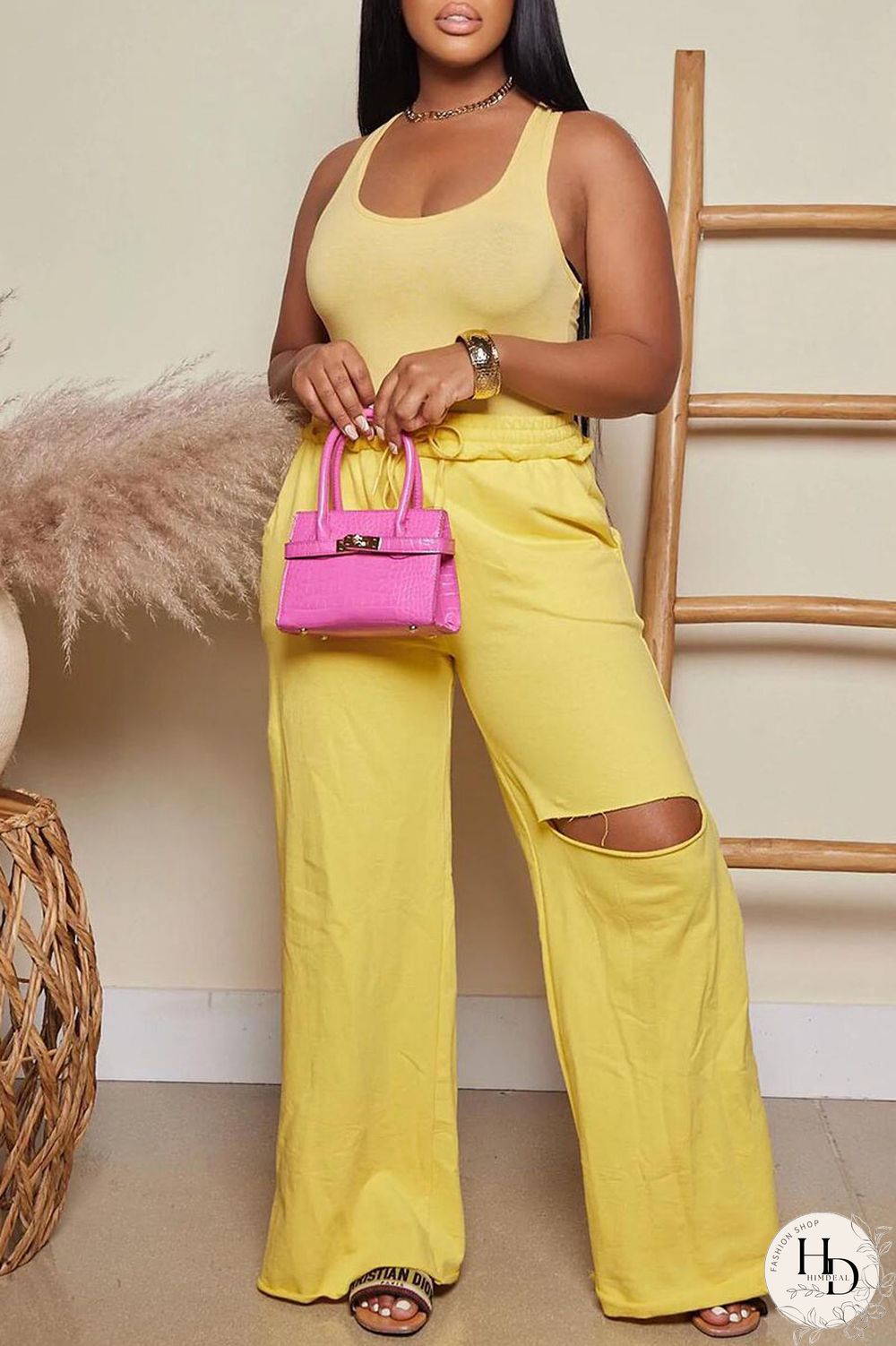 Yellow Casual Solid Ripped Patchwork U Neck Sleeveless Two Pieces