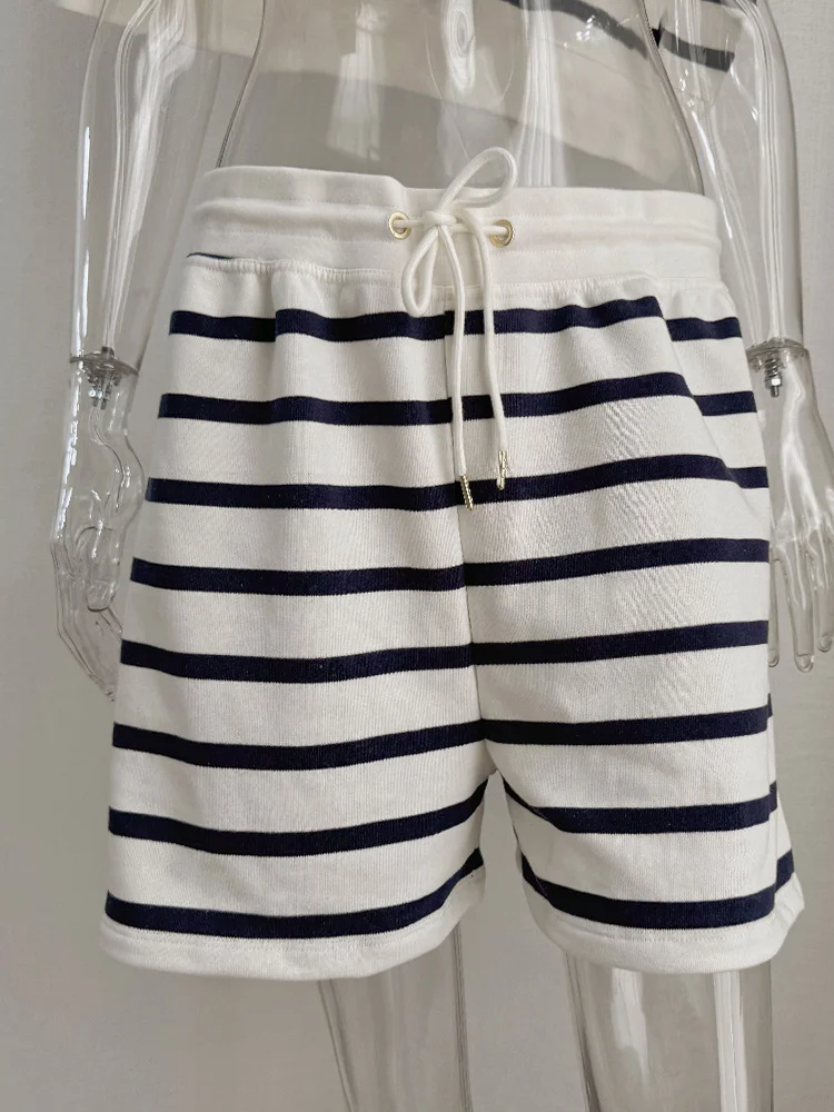 Athvotar Athvotar And Autumn 2025 New Round Collar Loose-Fitting Stripe Hit The Color Of The Jacket Women's Suit Long Sleeves And Open Shoulder Clothes + Shorts