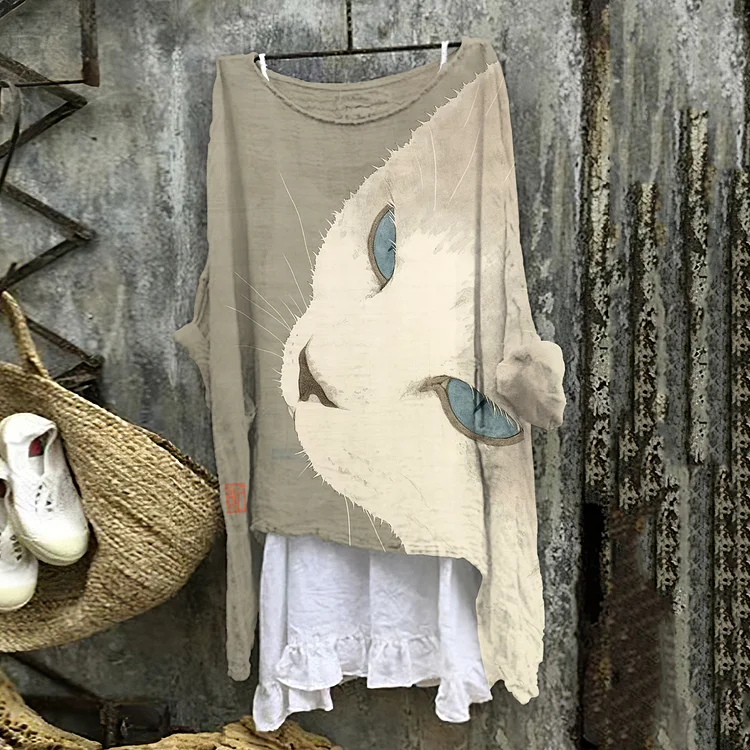 Women's Vintage Cat Art Print Cotton And Linen Shirt