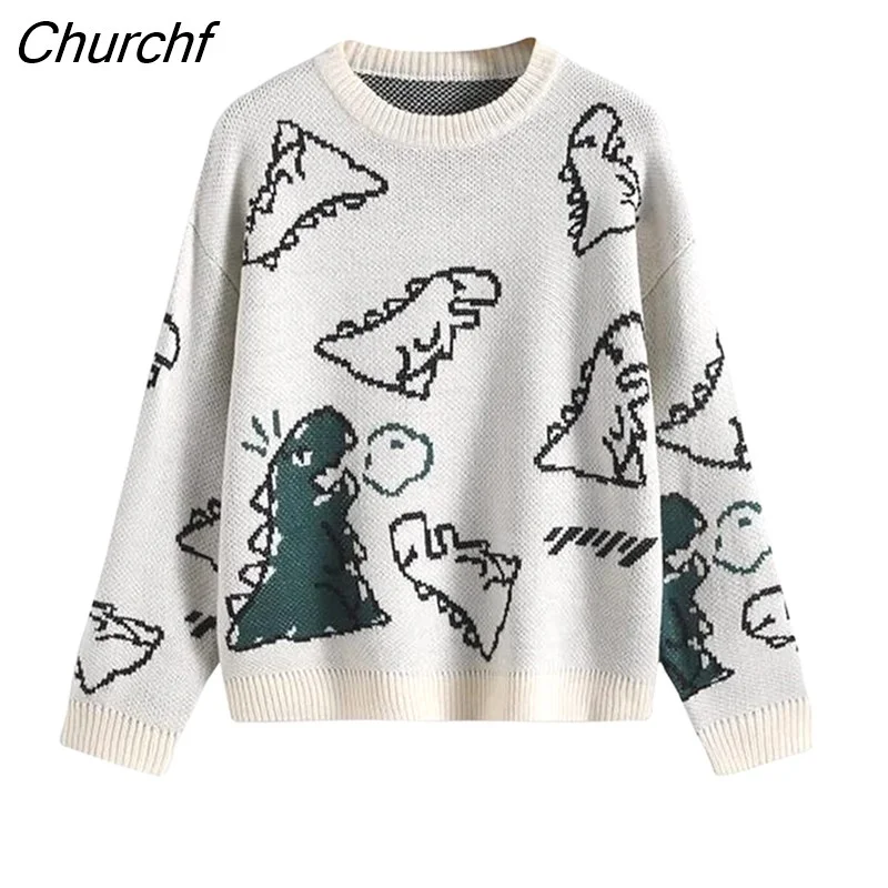 Churchf Women's Knit Sweater Argyle Cartoon Dinosaur Print Long Sleeve Pullover Jumper Top Knitwear Kawaii Streetwear for Teen Girls-Outfit Ideas