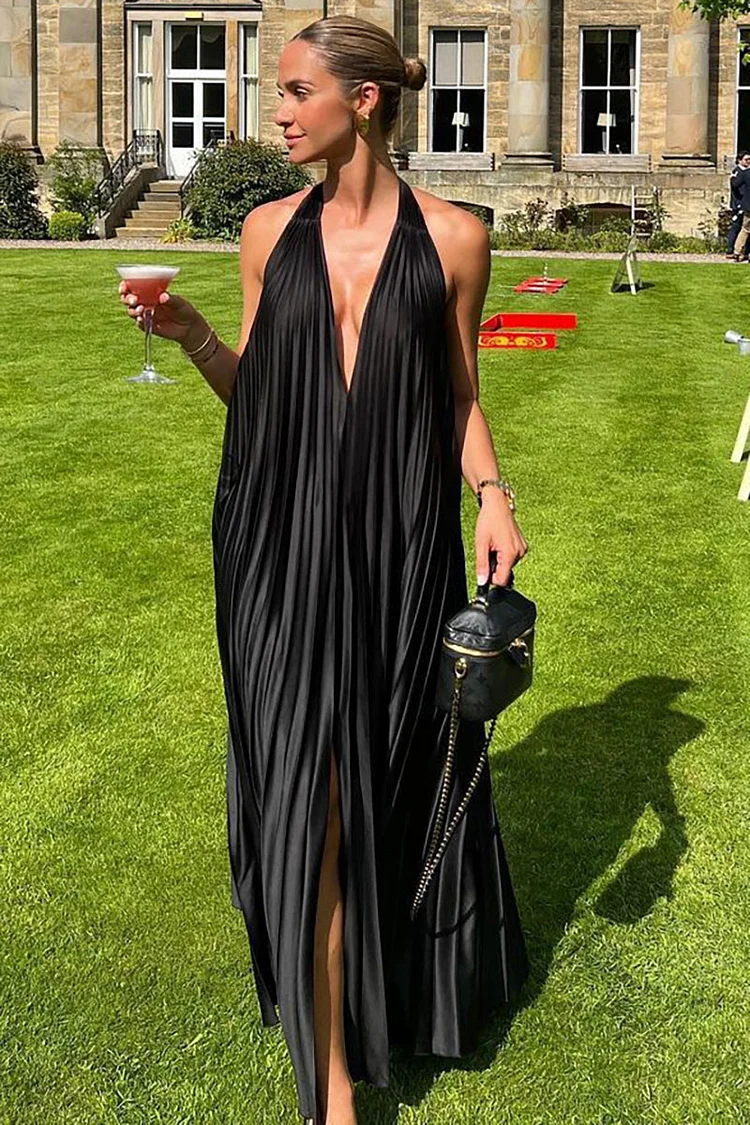 Sleeveless Pleated Halter Backless Loose Fit A-Line Slit Cocktail Party Maxi Dresses