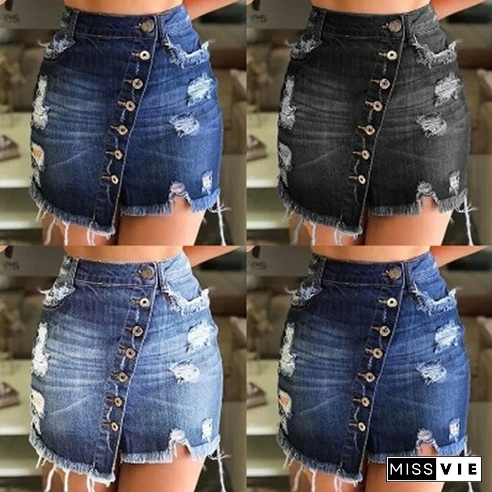 Women Summer Ripped Hole Skirts Denim Jeans Mini Skirt High Waist Button Skirts