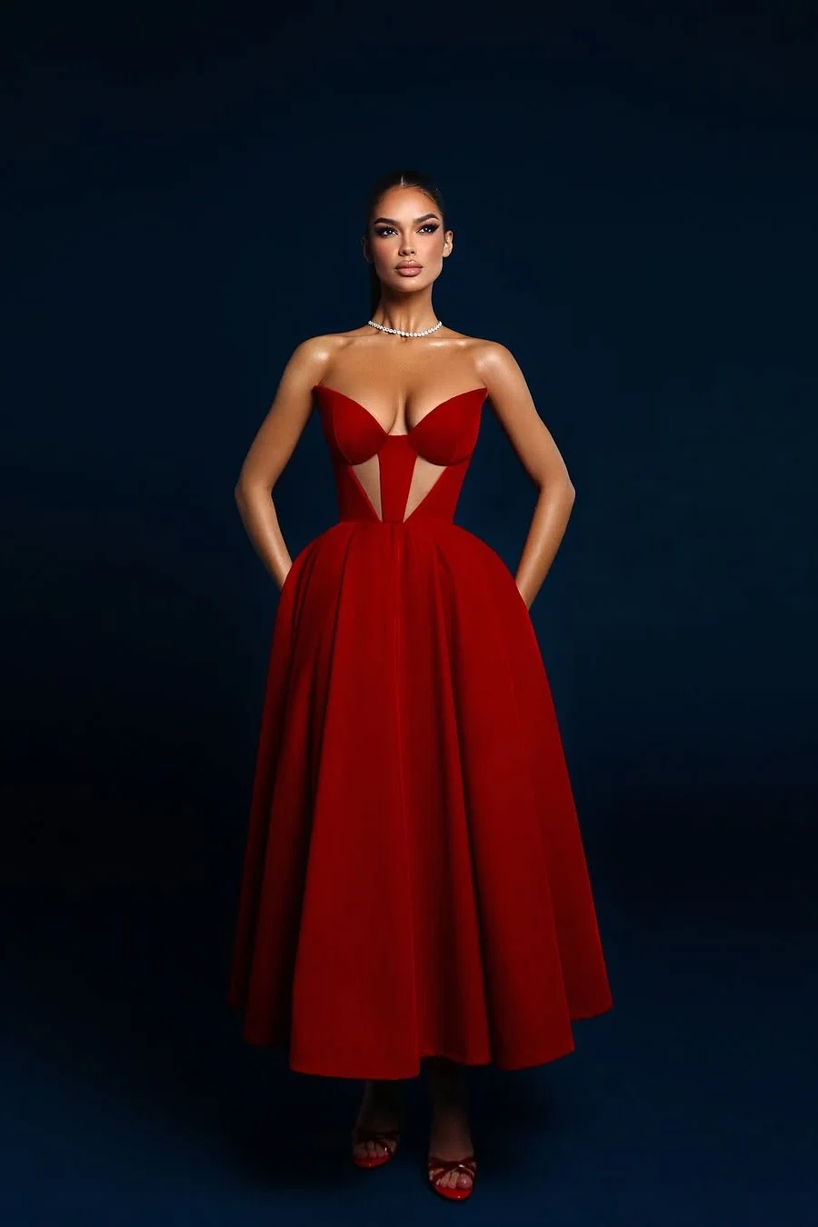 Daisda Red Simple Sleeveless Deep V-Neck Strapless A-Line Prom Dress