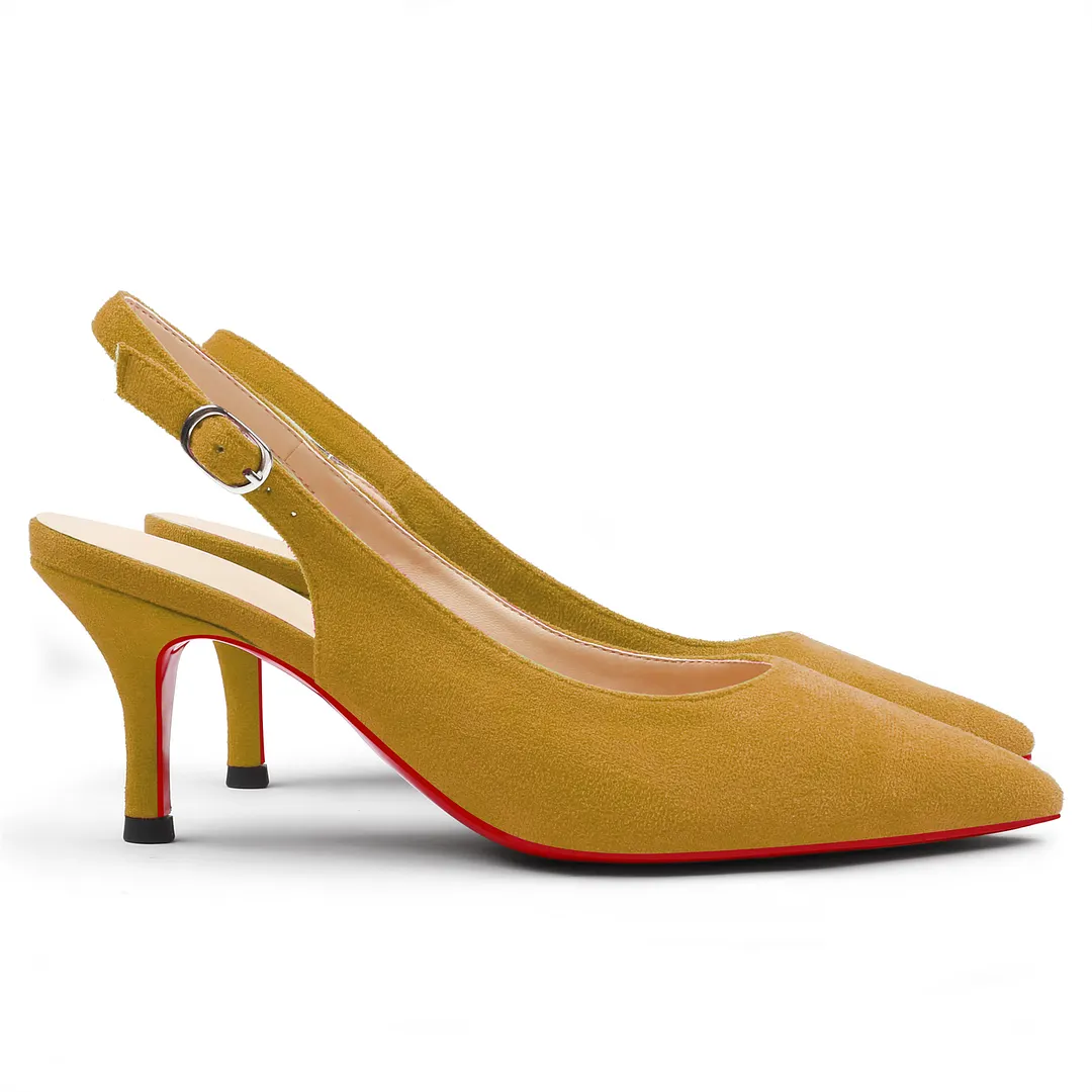 60mm Women's Pointed Toe Slingback Kitten Heels Red Bottom Suede Pumps-vocosishoes