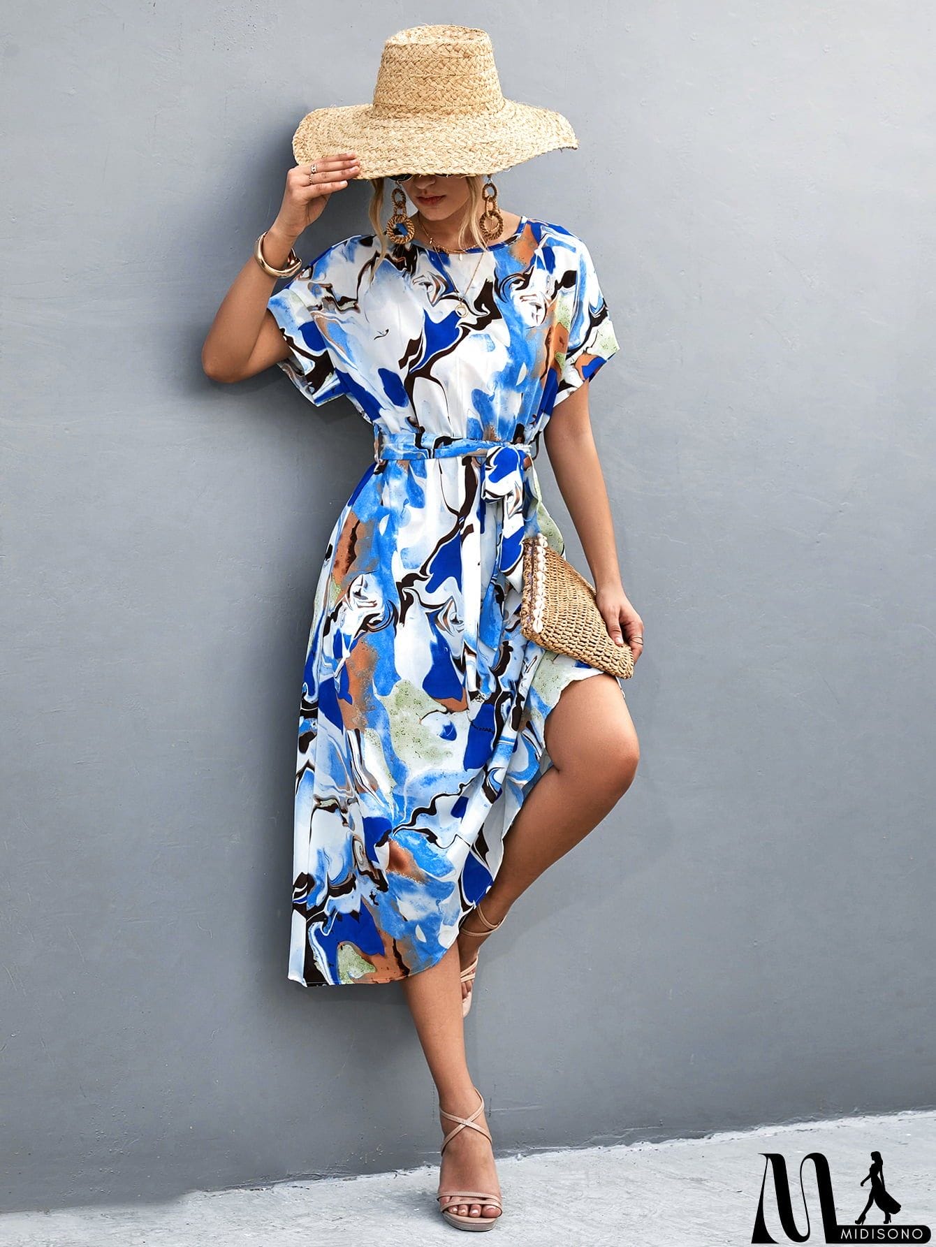 MidiSono - Round Neck Short Sleeve Tie Waist Midi Dress