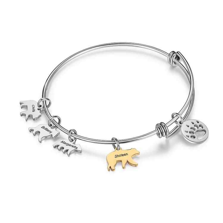 Personalized Mama Bear Charm Bangle Bracelet Engrave 3 Kids Names