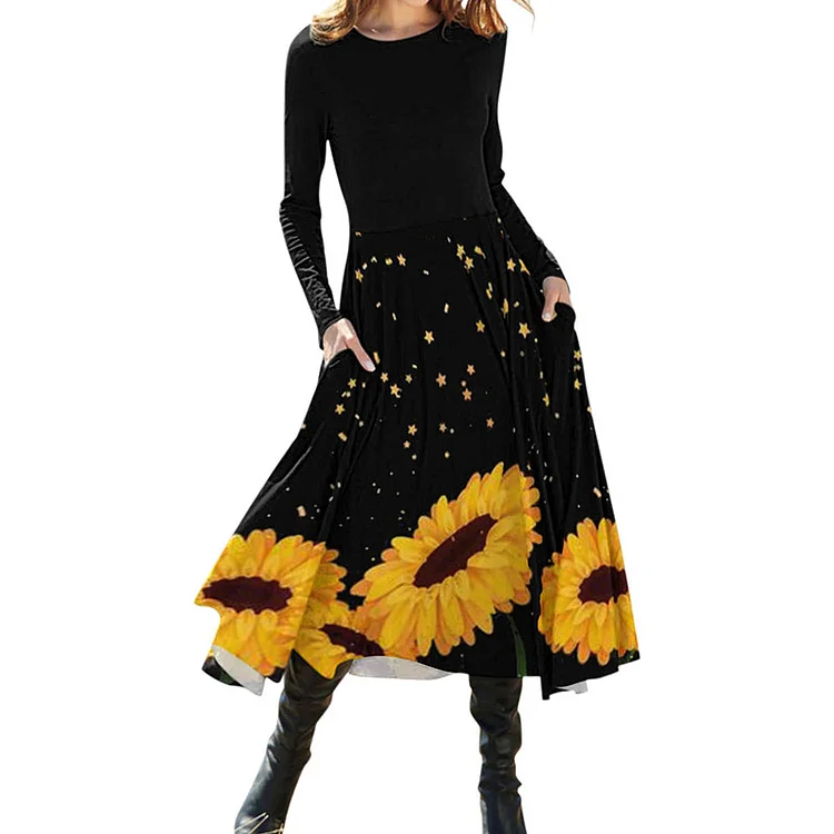 Sunflower Print Long Sleeve Pocket  Midi Dresses