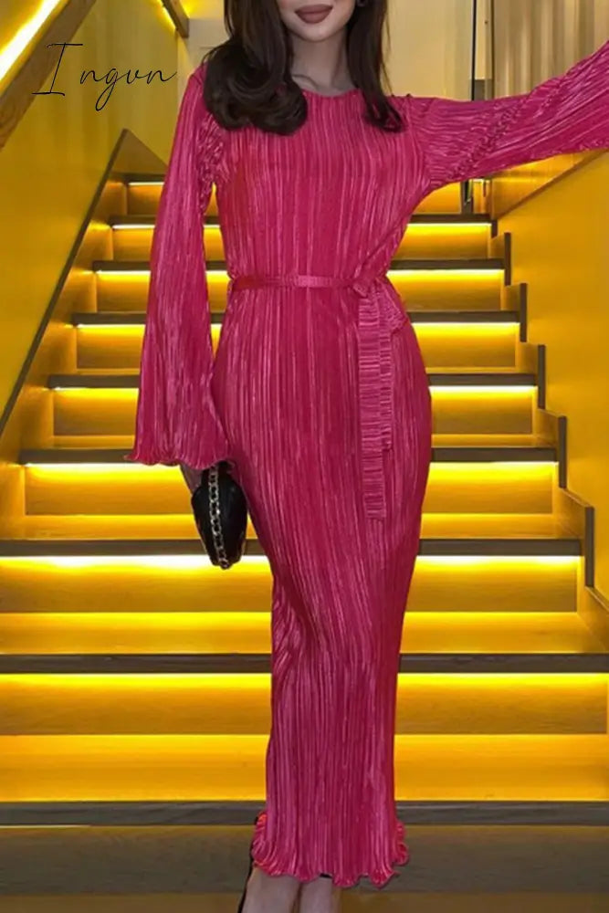 Ingvn - Elegant Solid Pocket Fold O Neck A Line Dresses Pink / S Dresses/Long Sleeve