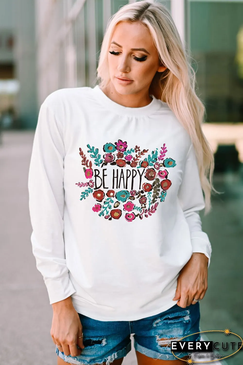White Be Happy Floral Print Crewneck Long Sleeve Top