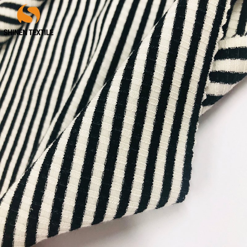 two-color striped rib fabric for dresses and accessories，48%rayon 48%polyester 4%spandex，280G.For dress，T-shirt cuffs and collar，textile manufacture