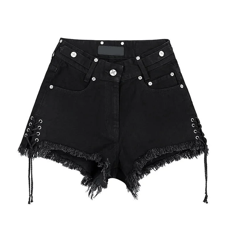 Cross Embroidery High Waist Lace Up Fringed Denim Shorts - Modakawa modakawa