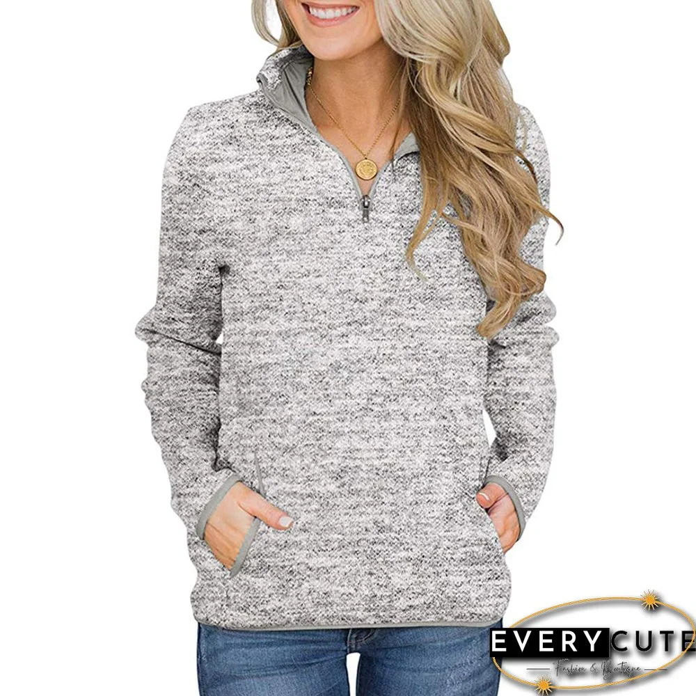 Gray Zipper Stand Collar Sweatshirt