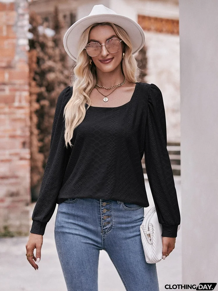 Eyelet Square Neck Puff Sleeve Blouse