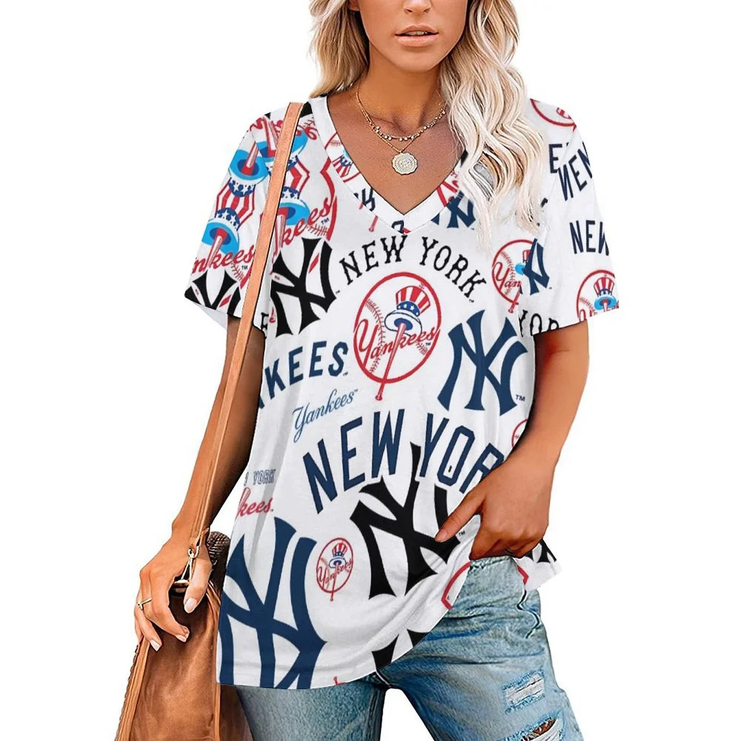 V-neck Short Sleeve Casual T-shirt for  Women Printed with Pattern ,Blue