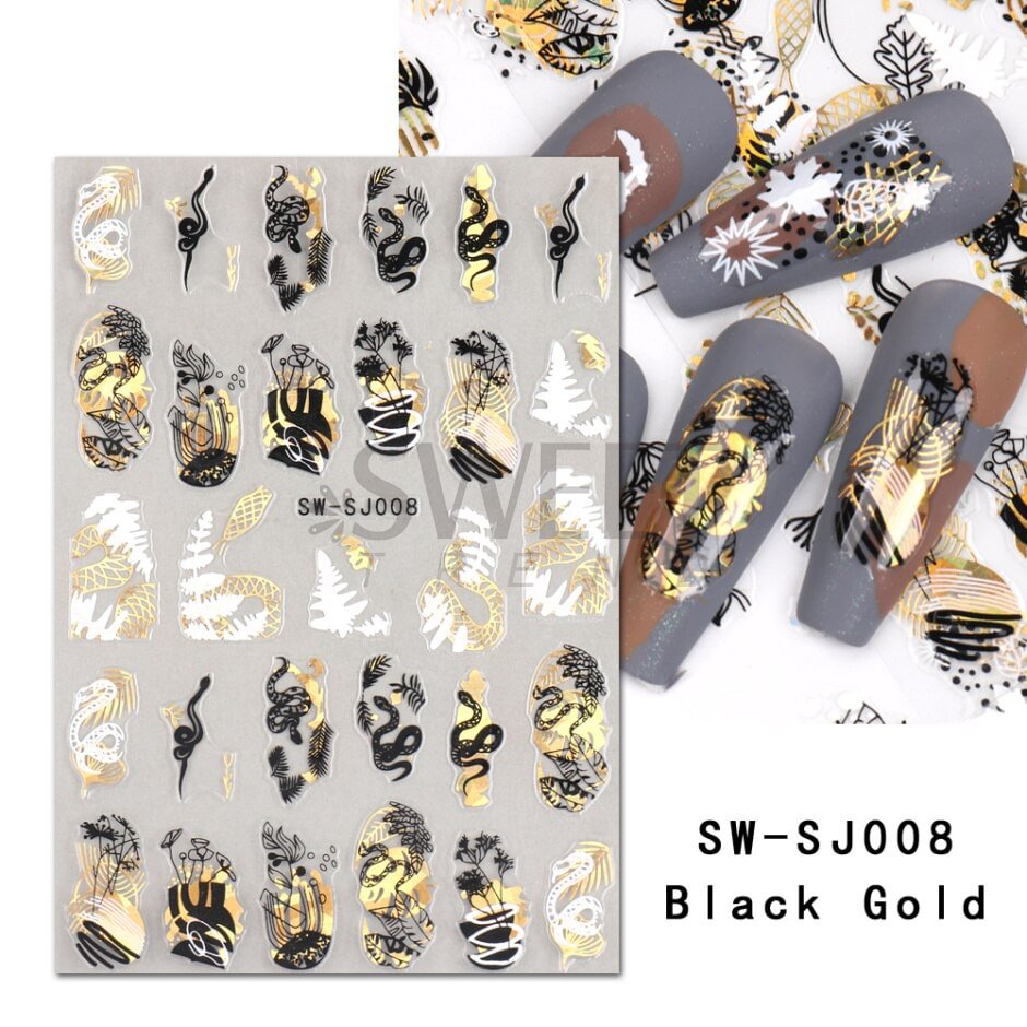 Applyw Black Gold Snake Nail Art Stickers 3D Laser Geometry Flowers Leaves Design Decals Holographic Wraps Decoration LYSW-SJ