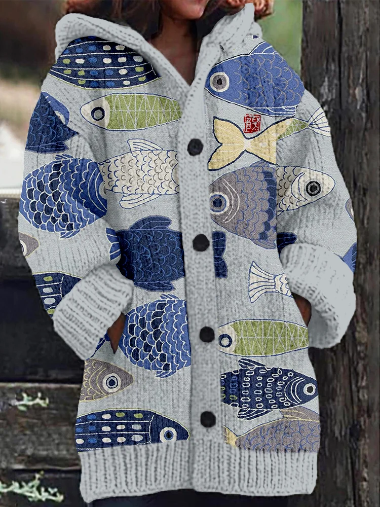 Vintage Fish Japanese Art Cozy Hooded Cardigan