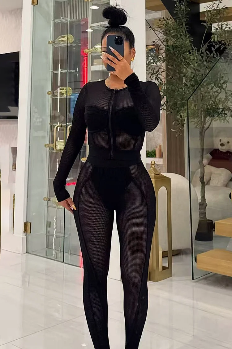 See Through Mesh Long Sleeve Crop Top Slim Fit Pants Matching Set-White