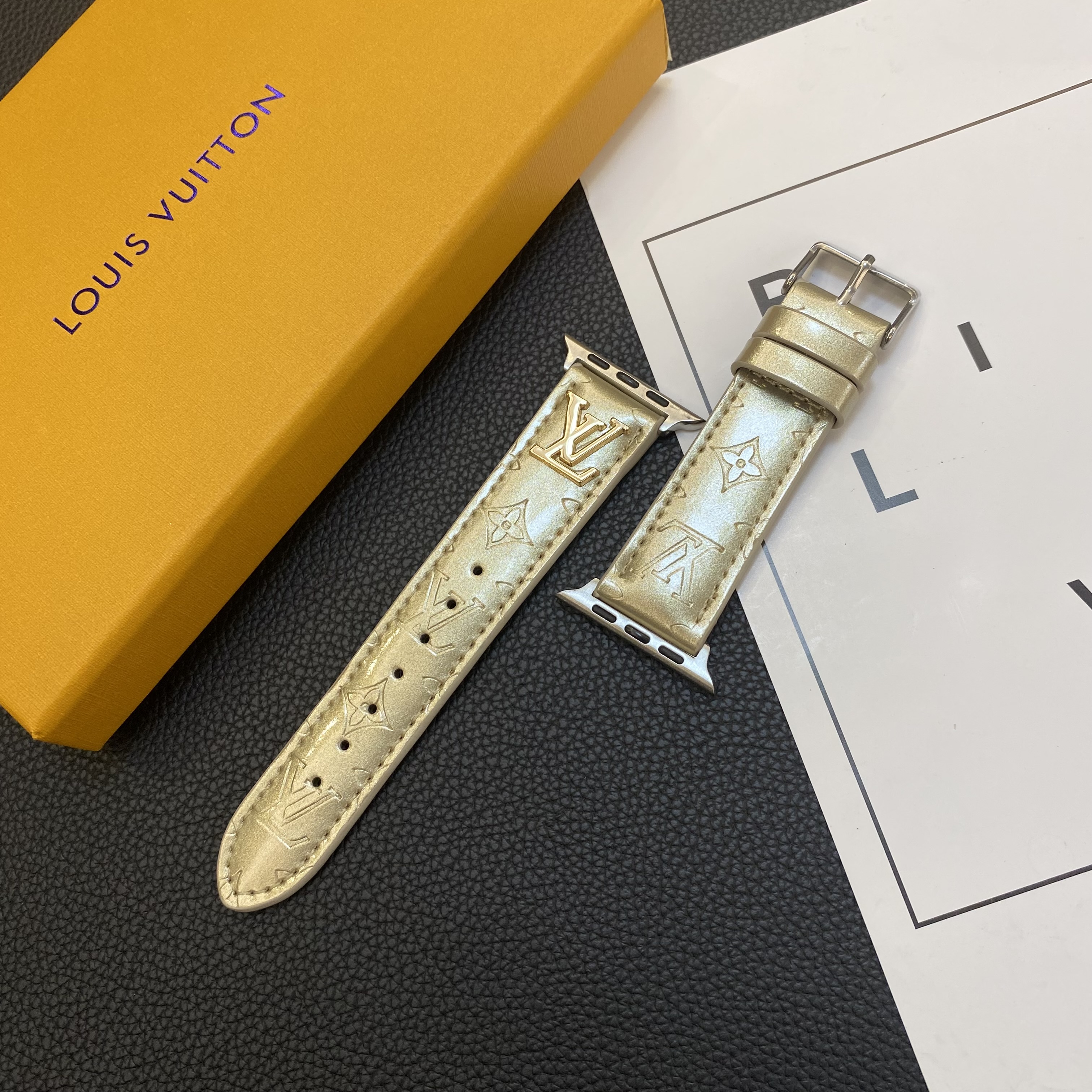LV Glossy Leather Apple Watch Strap Luxury Metal Logo