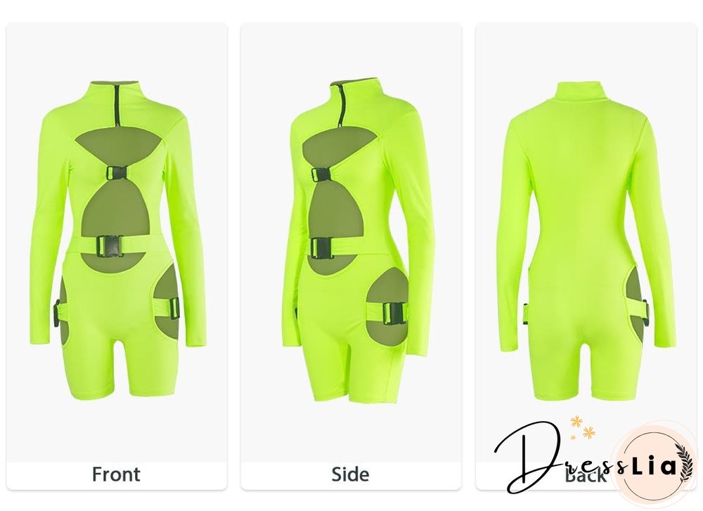 Women's Shorts Fluorescent Green Long Sleeve Jumpsuit