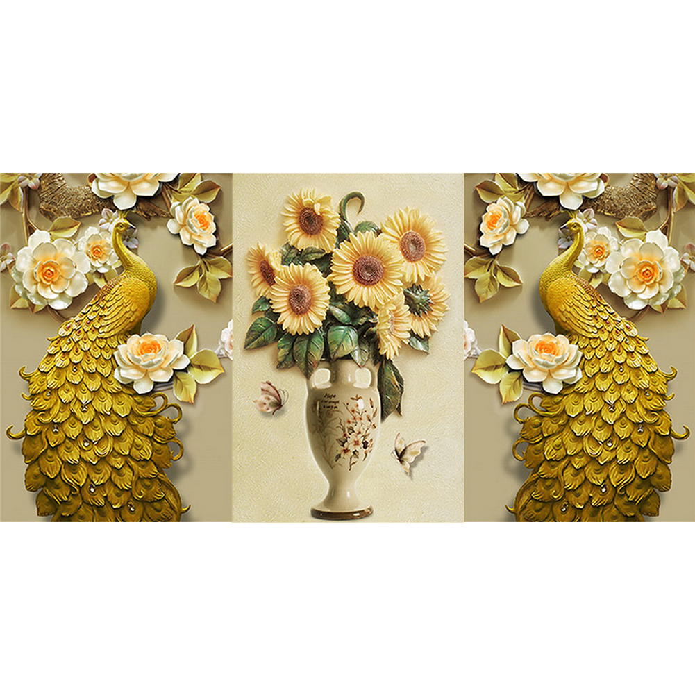 

92*45CM - Multi-picture Round Drill Diamond Painting - 3pcs Golden Peafowl Flower, 501 Original