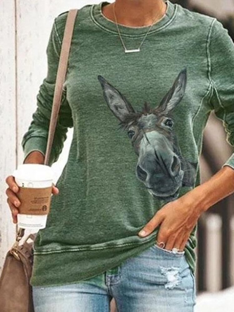 Cartoon Donkey Long Sleeve O neck Casual Blouse For Women P1726293