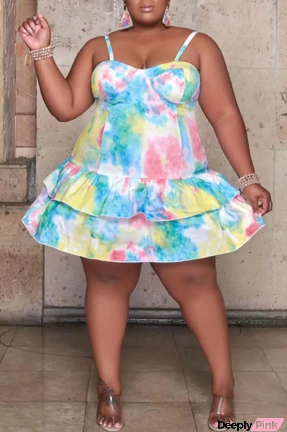 Colour Sweet Print Patchwork Flounce Spaghetti Strap Cake Skirt Plus Size Dresses