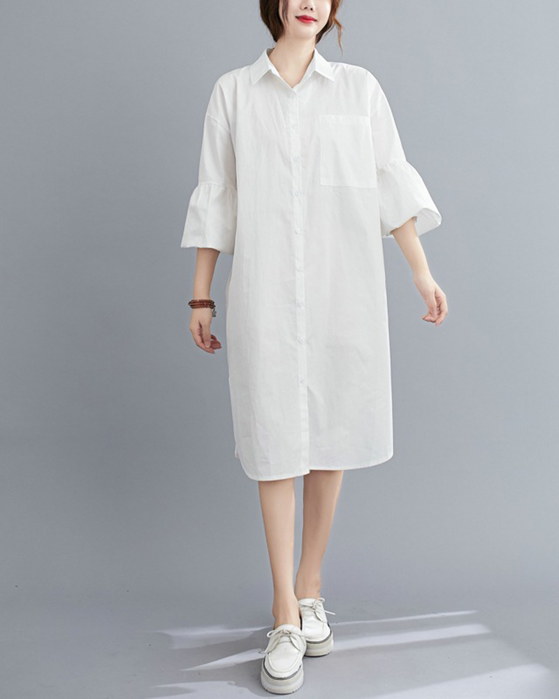 Puff Long Sleeve Single Breasted Shirt Collar Solid Color Loose Midi Dress