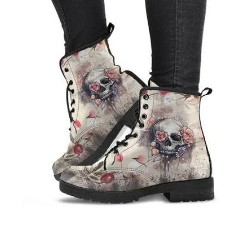 Women Ankle Boots Low Heels Shoes Woman Vintage Pu Leather Autumn Warm Winter high Snow Boots Motorcycle Skull Pansy