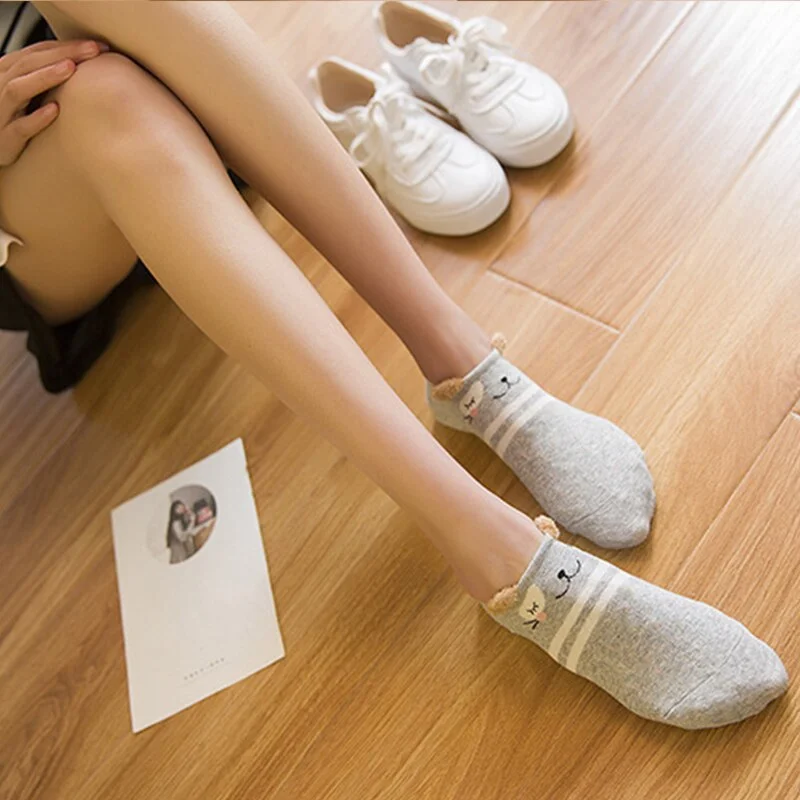 1 Pair Women Socks Cartoon Kawaii Cute Japanese Slippers Korean Style 3D Ear Boat Short Sock Cotton Cat Animal Female Sox