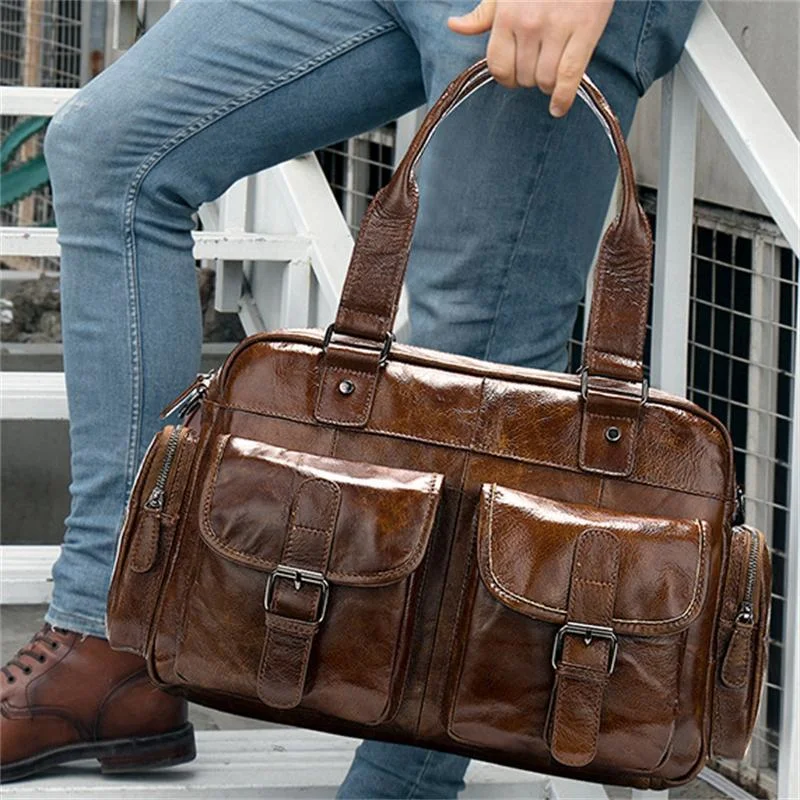 Men's Business Handbag Large Capacity Retro Leather Travel Shoulder Bag