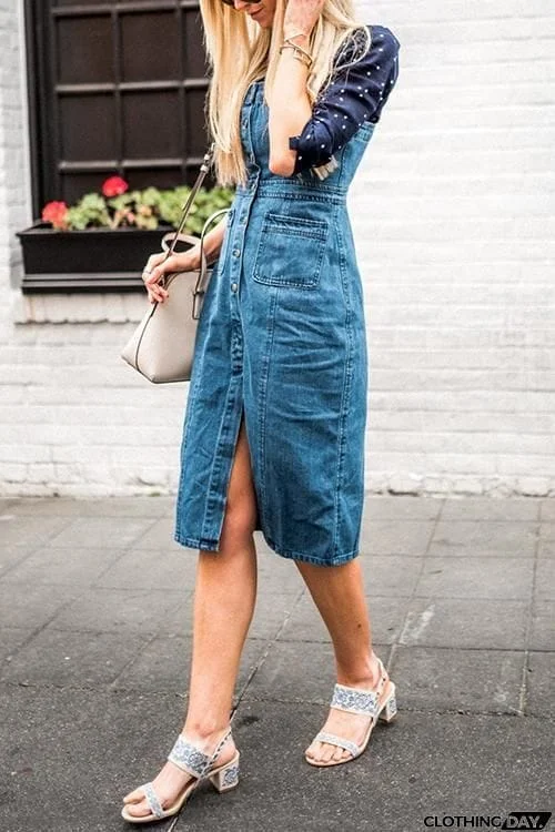 Pockets Button Slip Denim Dress