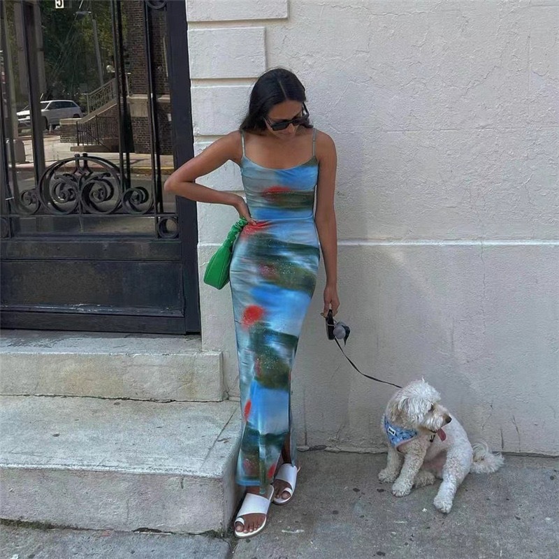 Ootddress Contrast Casual For Women Dress Printed Slim Hot Backless Split Holiday Halter Dresses Outfits Off-Shoulder Summer Dress