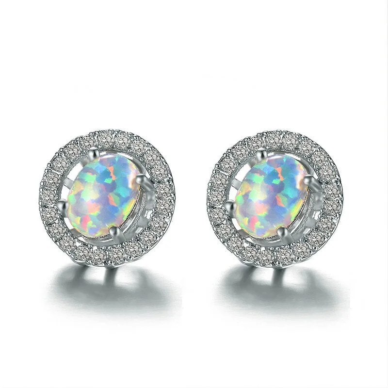Junxin White/Blue Fire Opal Earrings Rainbow Round Stud Earrings For Women Silver Color Filled Boho Jewelry Bridesmaid gift
