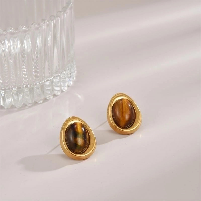1 Pair Classical Artistic Oval Plating Inlay Stainless Steel Natural Stone 18K Gold Plated Ear Studs