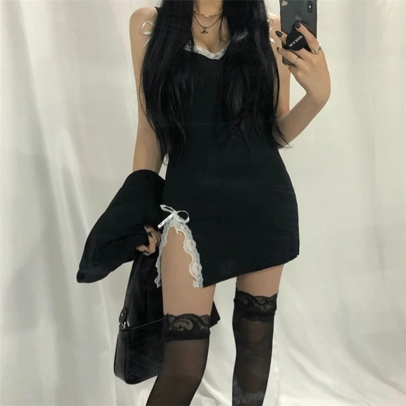 InsGoth Sexy Lace Patchwork Black Mini Dress Women Gothic Streetwear Spaghetti Straps V-neck Slit Dress Party Clubwear Dress