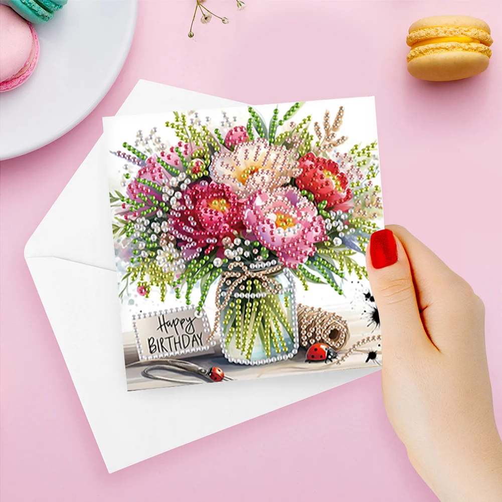 [Upgrade-Laser Card]6Pcs Birthday Bouquet DIY Diamond Painting Card Diamond Drawing Card for Friends