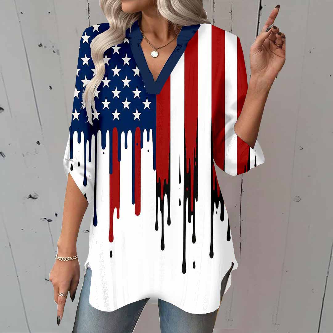 Women  Independence Day, Star, Striped, Blue, Red DZGA0239 3/4 Sleeve V-neck Printed Graphic Button Tops