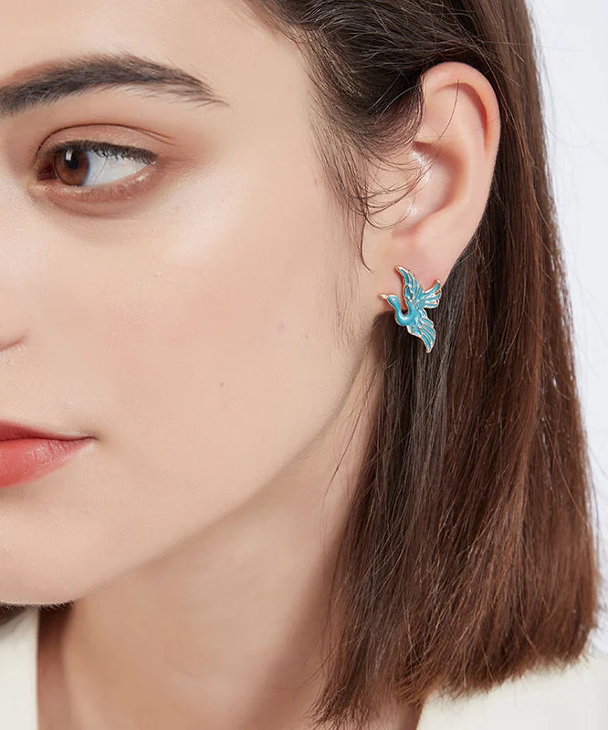 Stylish Blue Sterling Silver Alloy Crowned Crane Stud Earrings