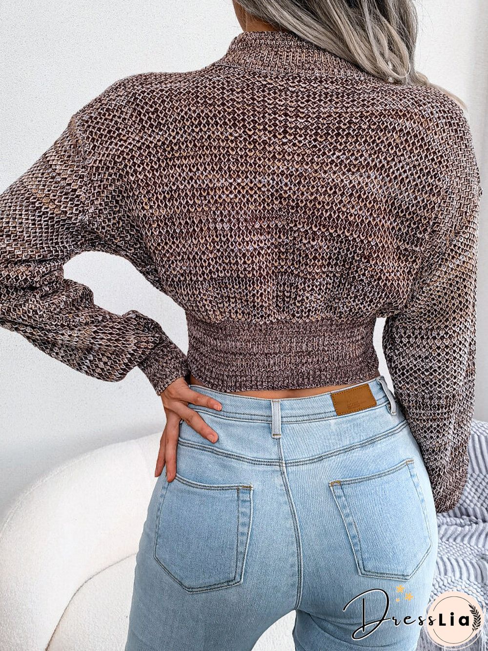 Women Marled Knit Half-collar Long Sleeve Crop Sweater